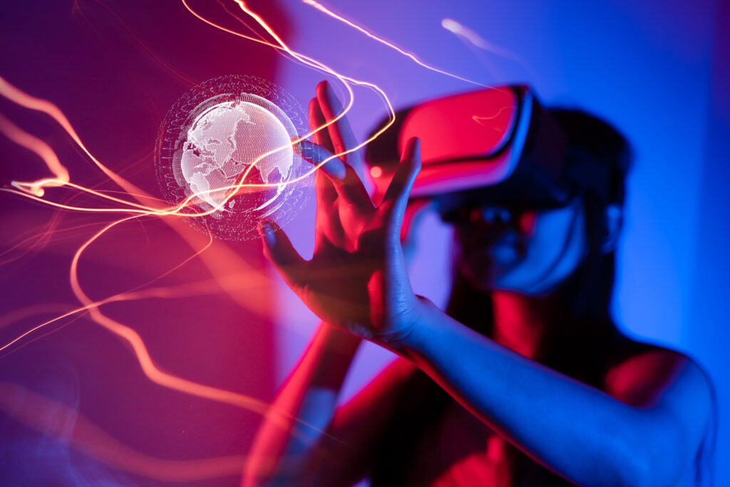 young woman using glasses of virtual reality on dark background.