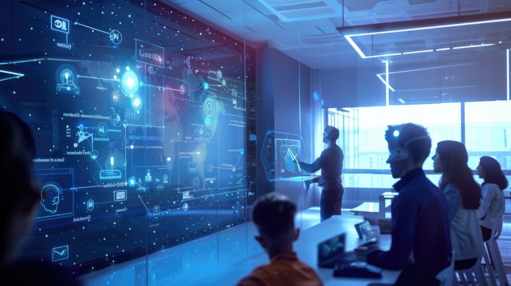 human teacher and ai assistant in dynamic futuristic classroom aig60